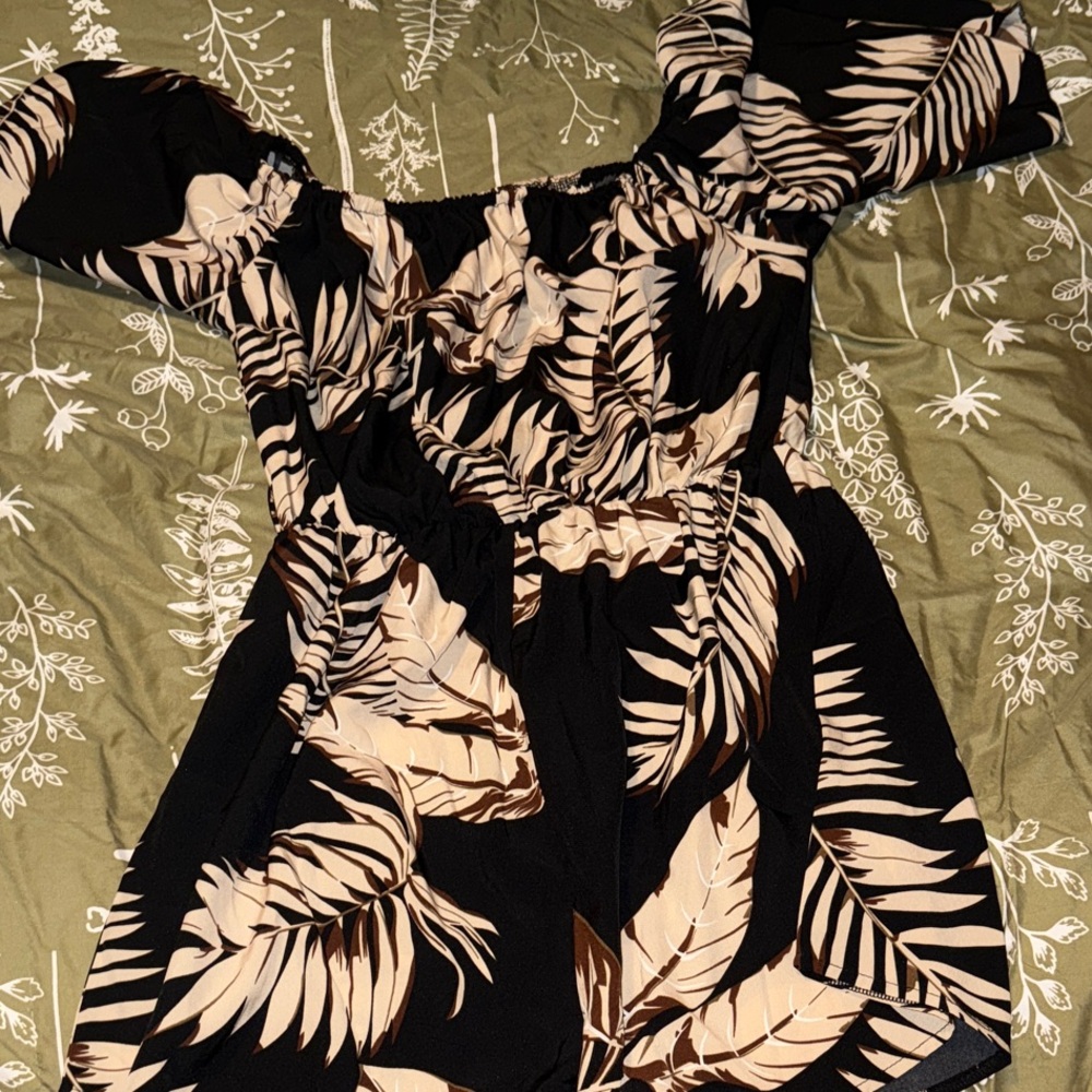 Black and Beige Leaf Print Romper